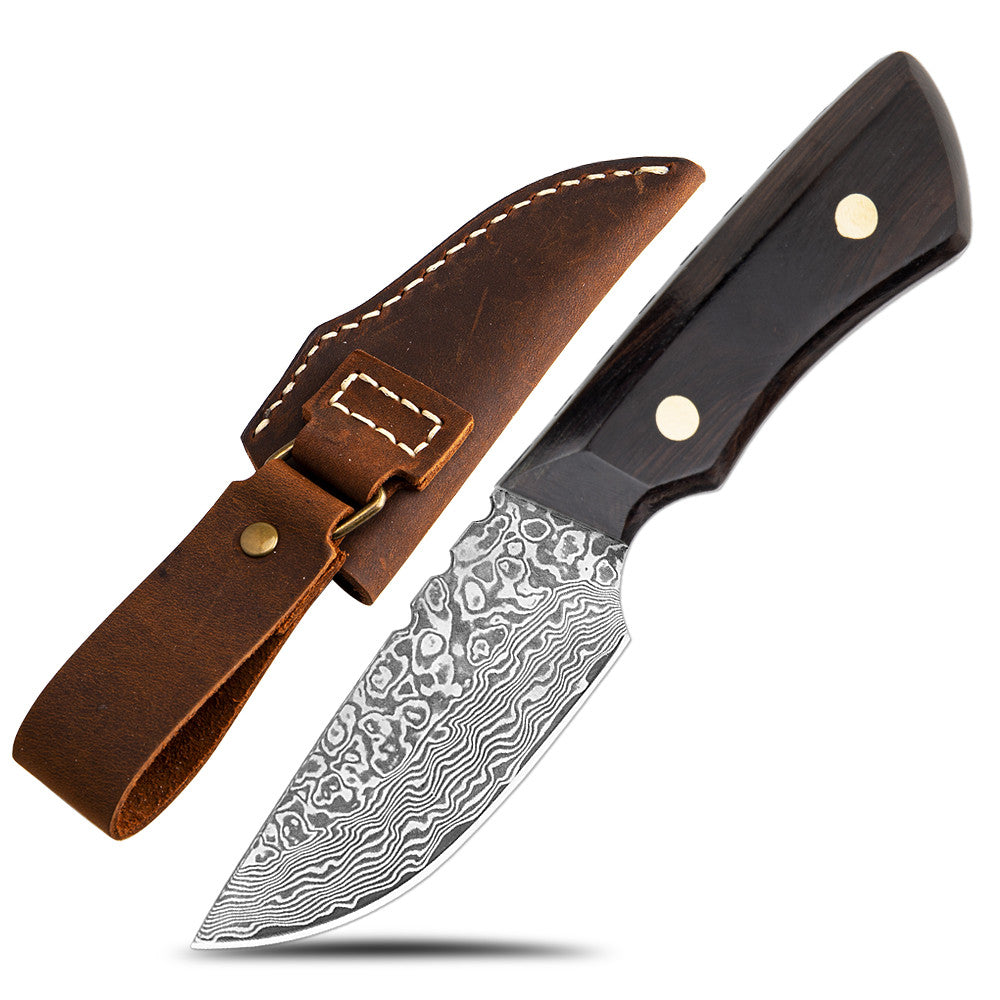 Damascus Steel Outdoor Knife Crazy Horse Head Layer Leather Scabbard