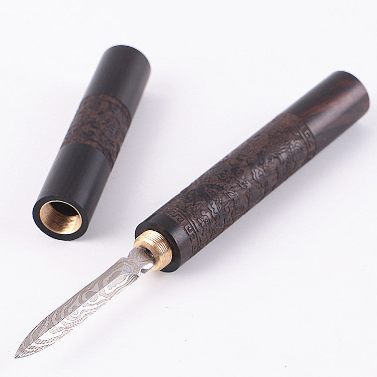 Damascus Patterned Steel Engraved Dragon And Phoenix Tea Knife