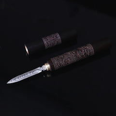 Damascus Patterned Steel Engraved Dragon And Phoenix Tea Knife