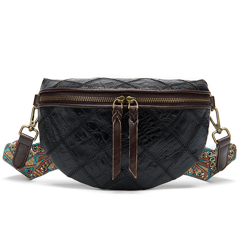 Leather ethnic stitching crossbody bag