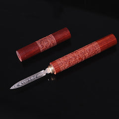 Damascus Patterned Steel Engraved Dragon And Phoenix Tea Knife