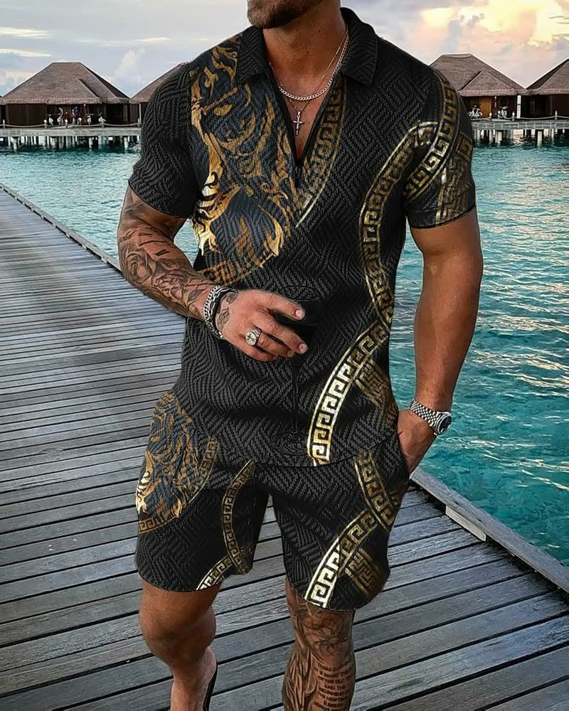 Men's Lapel Print Zipper Fashion Two-piece Suit