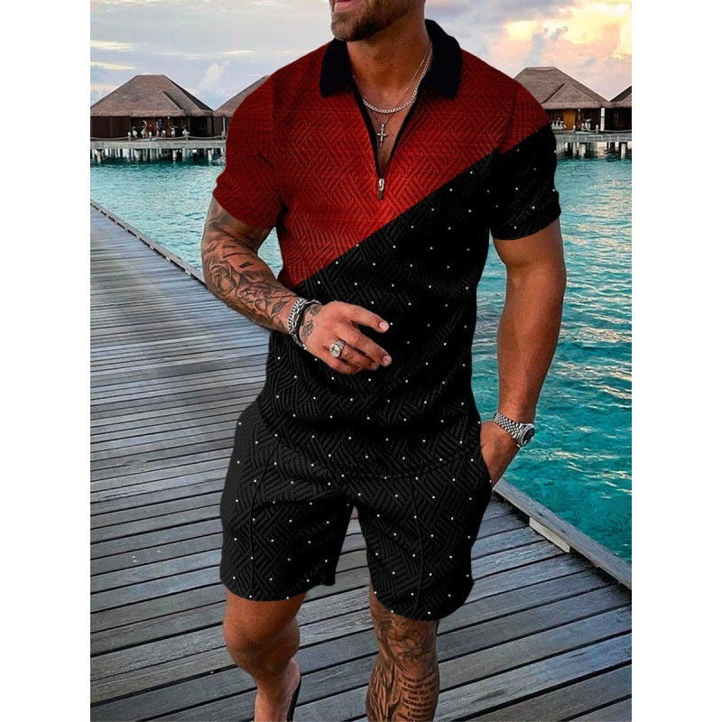 Men's Lapel Print Zipper Fashion Two-piece Suit