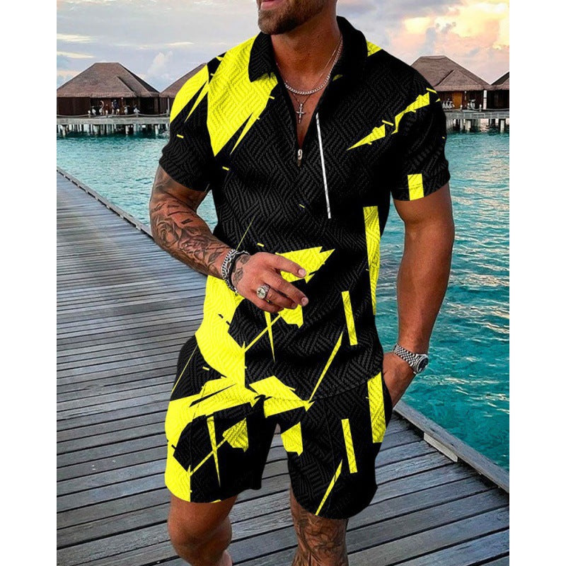 Men's Lapel Print Zipper Fashion Two-piece Suit