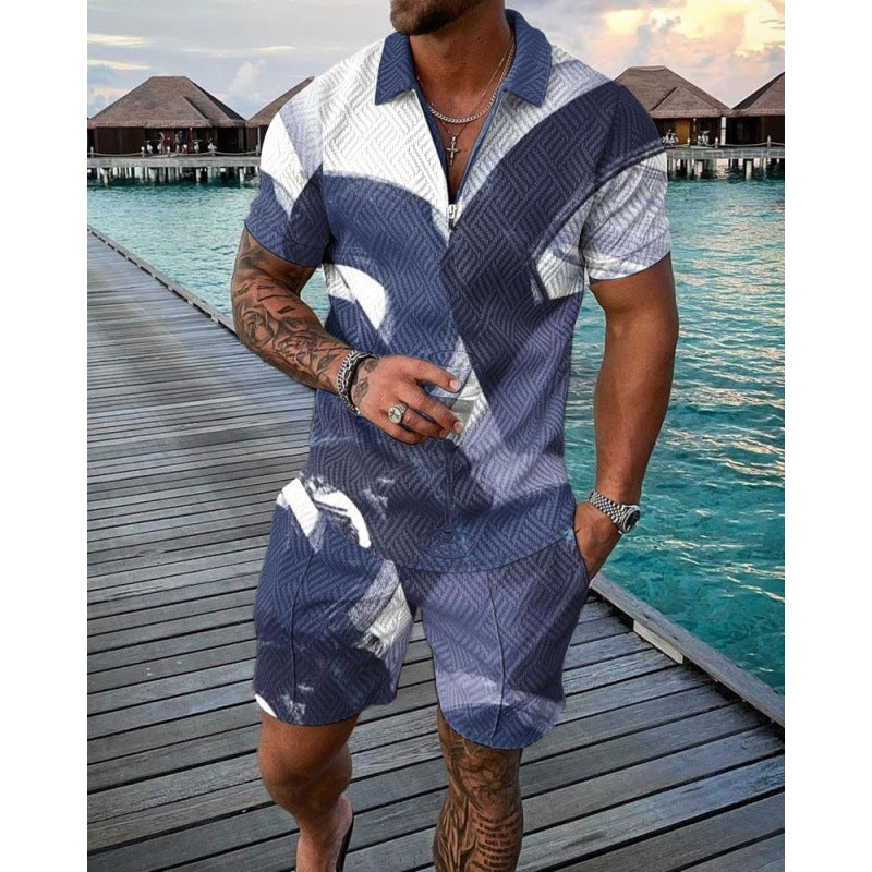 Men's Lapel Print Zipper Fashion Two-piece Suit