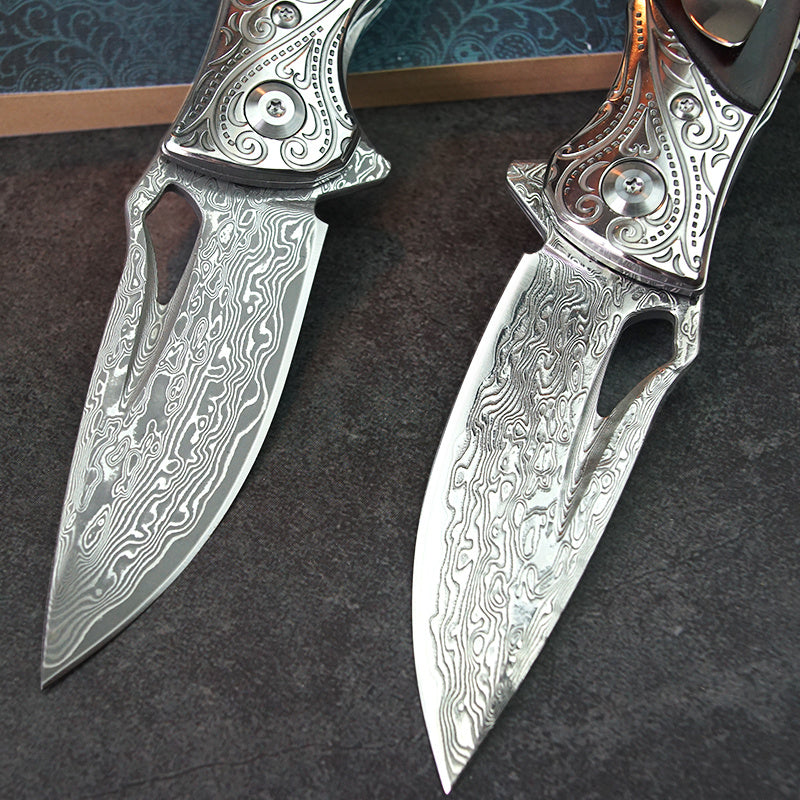 Damascus Steel Folding Knife Outdoor Defense