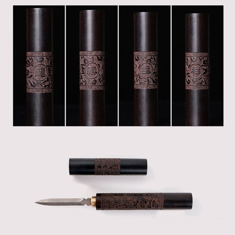 Damascus Patterned Steel Engraved Dragon And Phoenix Tea Knife