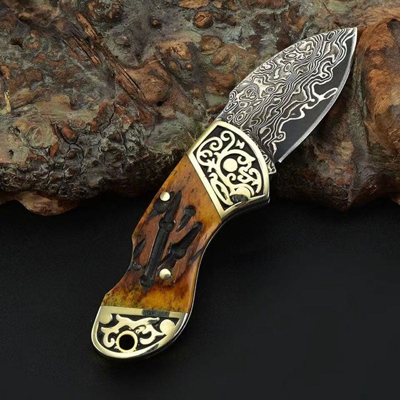 Brown Ox Bone Carved Pure Brass Handle Damascus Steel Folding Knife