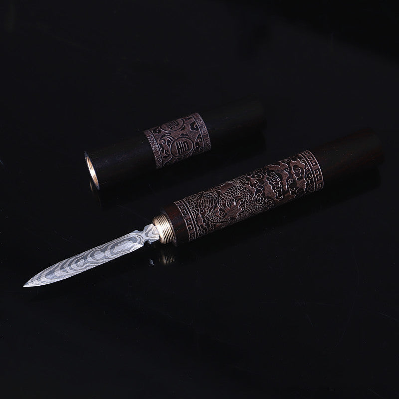 Damascus Patterned Steel Engraved Dragon And Phoenix Tea Knife