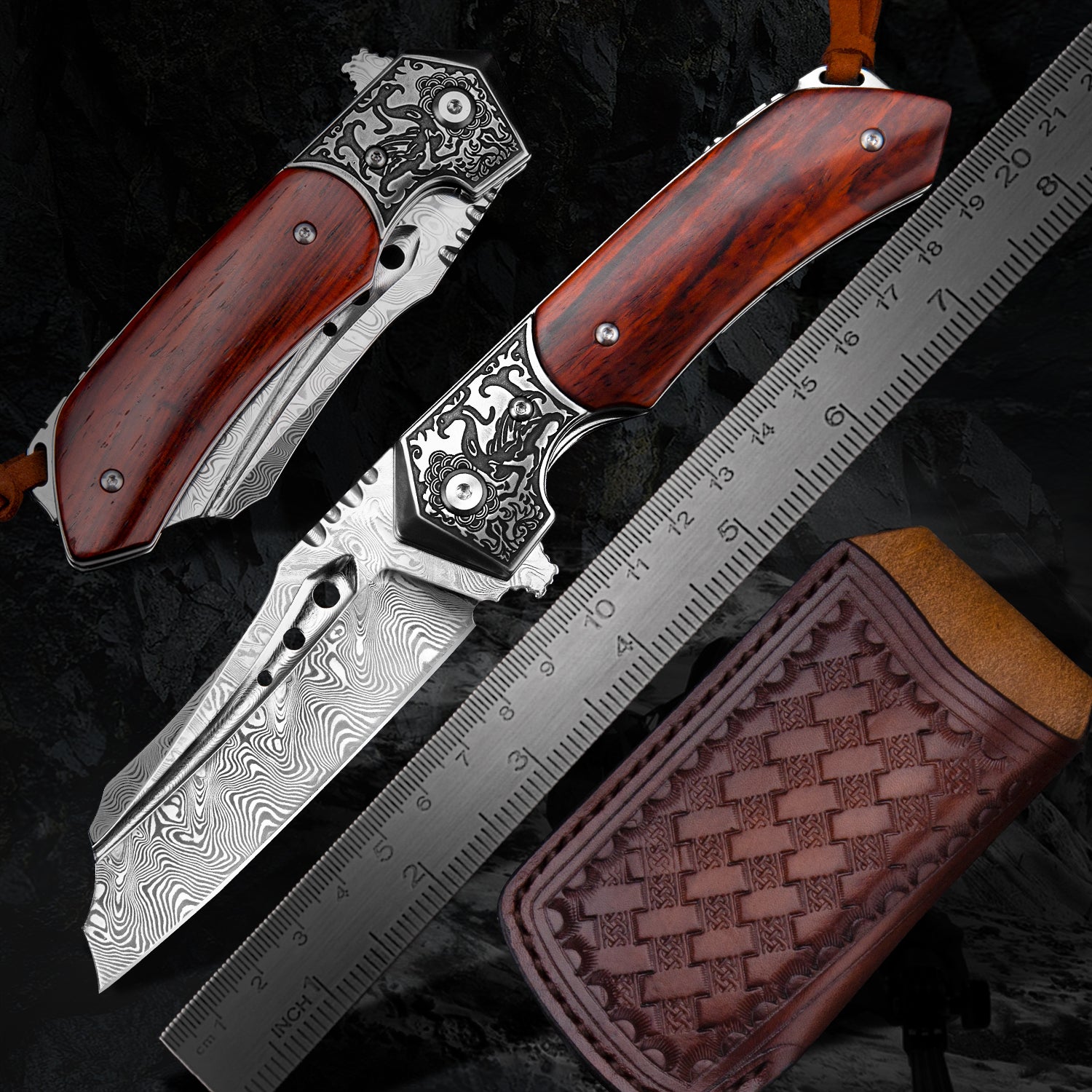 High-end Damascus Pattern Steel Folding Knife For Outdoor Survival Tactics